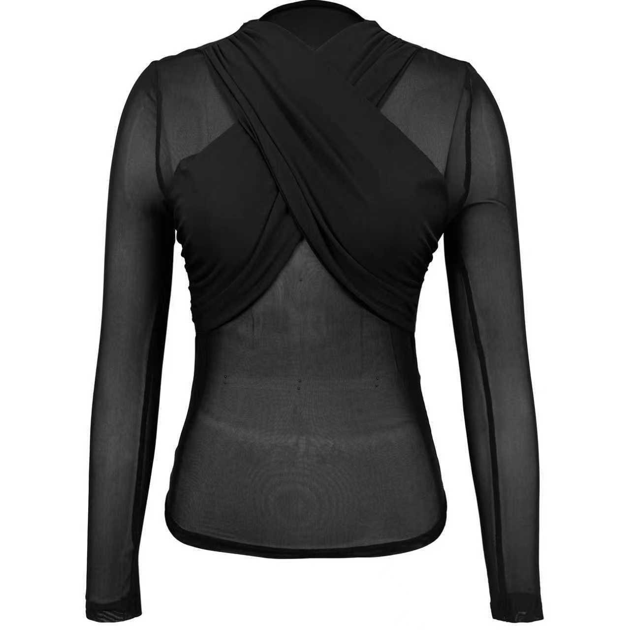 Women S Mesh Top Sexy See Through Wrap Design Cutout Long Sleeve Bodycon Blouse Black Clubwear XS чёрный