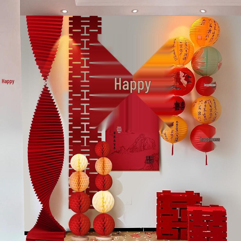 Wedding Room Decoration Set: Bride & Groom's Background Wall Decor with Double Happiness Pull Flower for Living Room & Bedroom