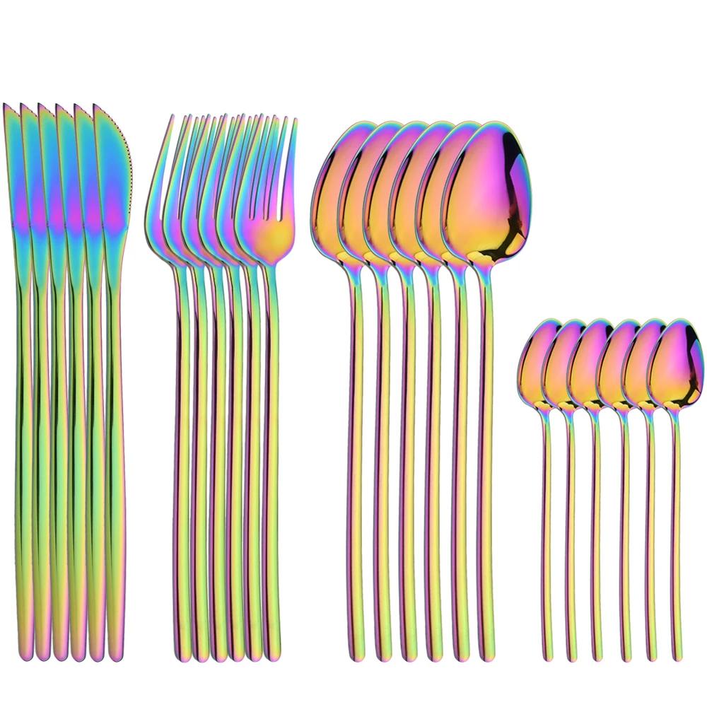 24Pcs Dinnerware Stainless Steel Tableware Set Gold Mirror Cutlery Kitchen Knife Fork Spoon Restaurant Wedding Flatware Set