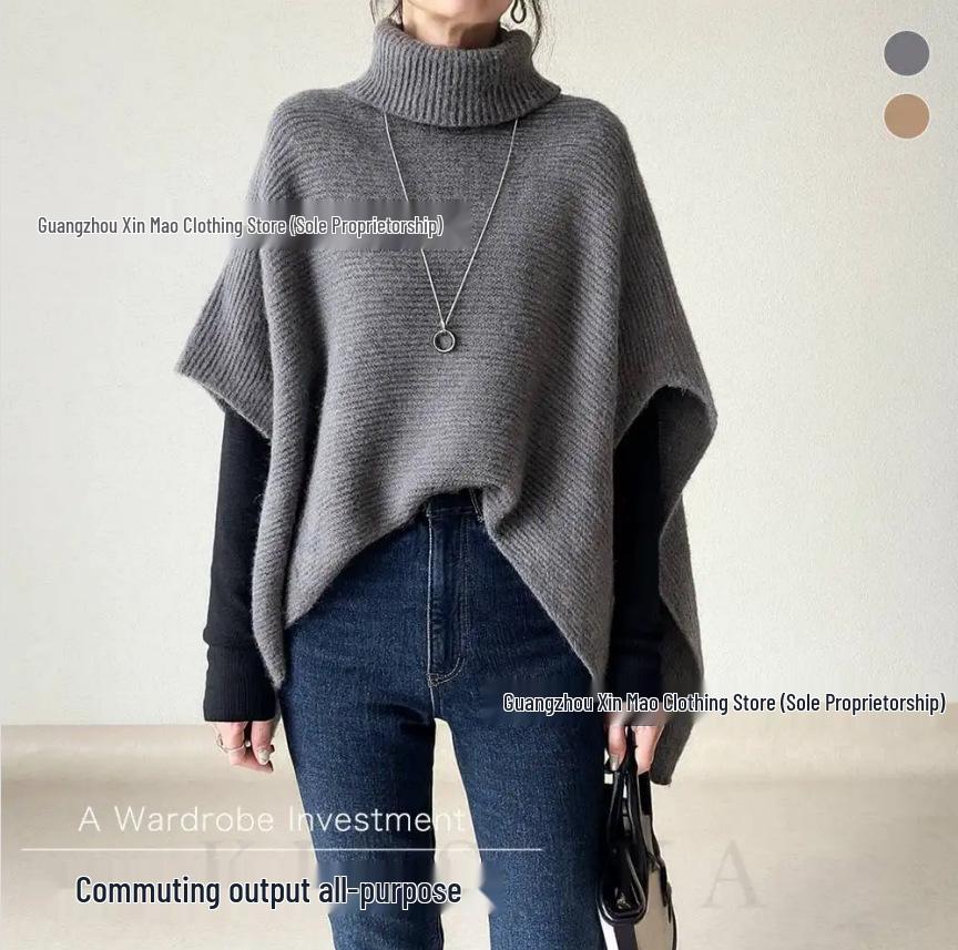 Cross-Border Japanese-Korean High Neck Solid Color Knit Cardigan Sweater - Women's Versatile Autumn/Winter Shawl Outerwear.