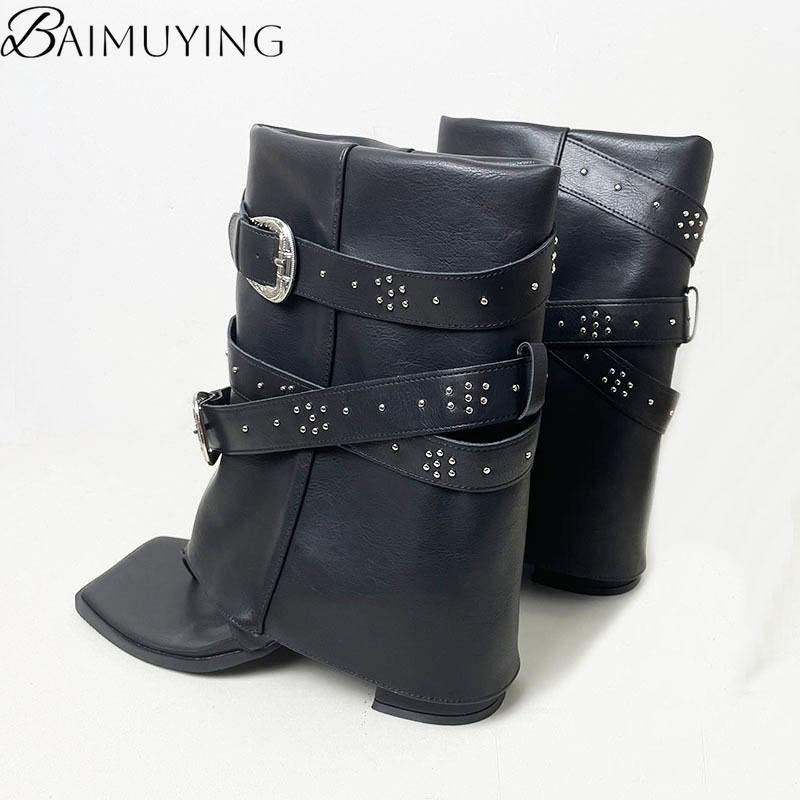 Fashion Brand Designer Shoes Woman Heeled Sandals Summer Ankle Boots Flip Flops 2025 New Clip Toe Square High Heels Leather Goth Chunky