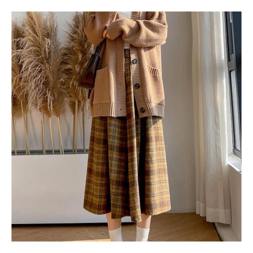 Navava Checked Back Banding Wool Skirt Ns329