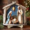 Christmas Religious Theme Decor Nativity Scene Wooden Tabletop Sign, Manger Holy Family Figurine Decor, Teak Wood Jesus Birth Figurines Xmas