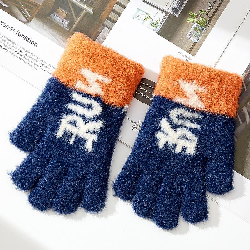 Children's Winter Warm Gloves New Full Finger Alphabet Jacquard Boy's Five Finger Cute Student Knitted Split Finger