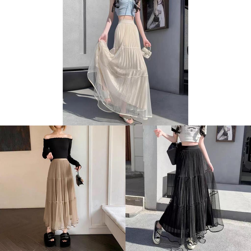 Gonna Lunga in Rete di Misto Cotone con Pieghe per l'Estate Casual da Donna