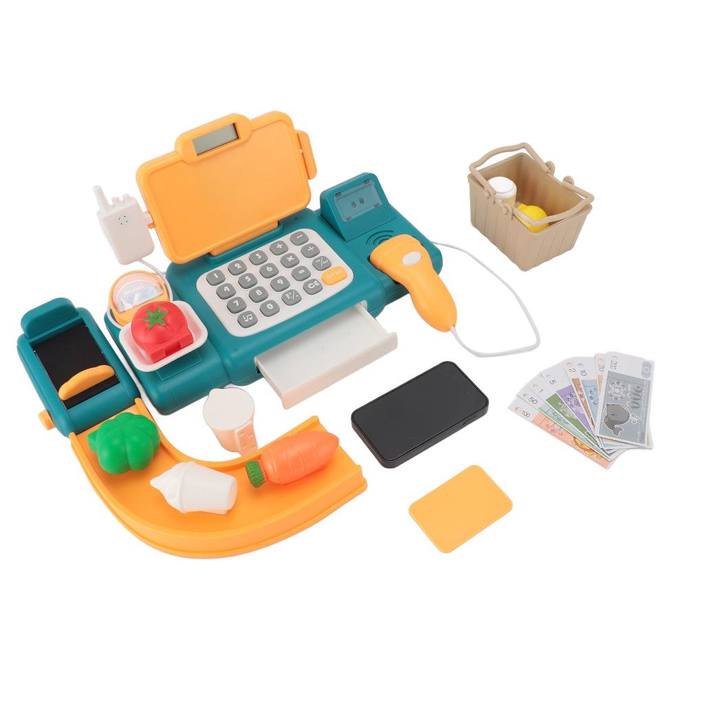 Cash Register Toy for Kids with Checkout Scanner Play Food Set Play Calculator Credit Card Rder Voice Broadcast Pretend Cash Register
