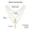 Stainless Steel Religious Cross Pendant Multi-Layer Necklace with Beads