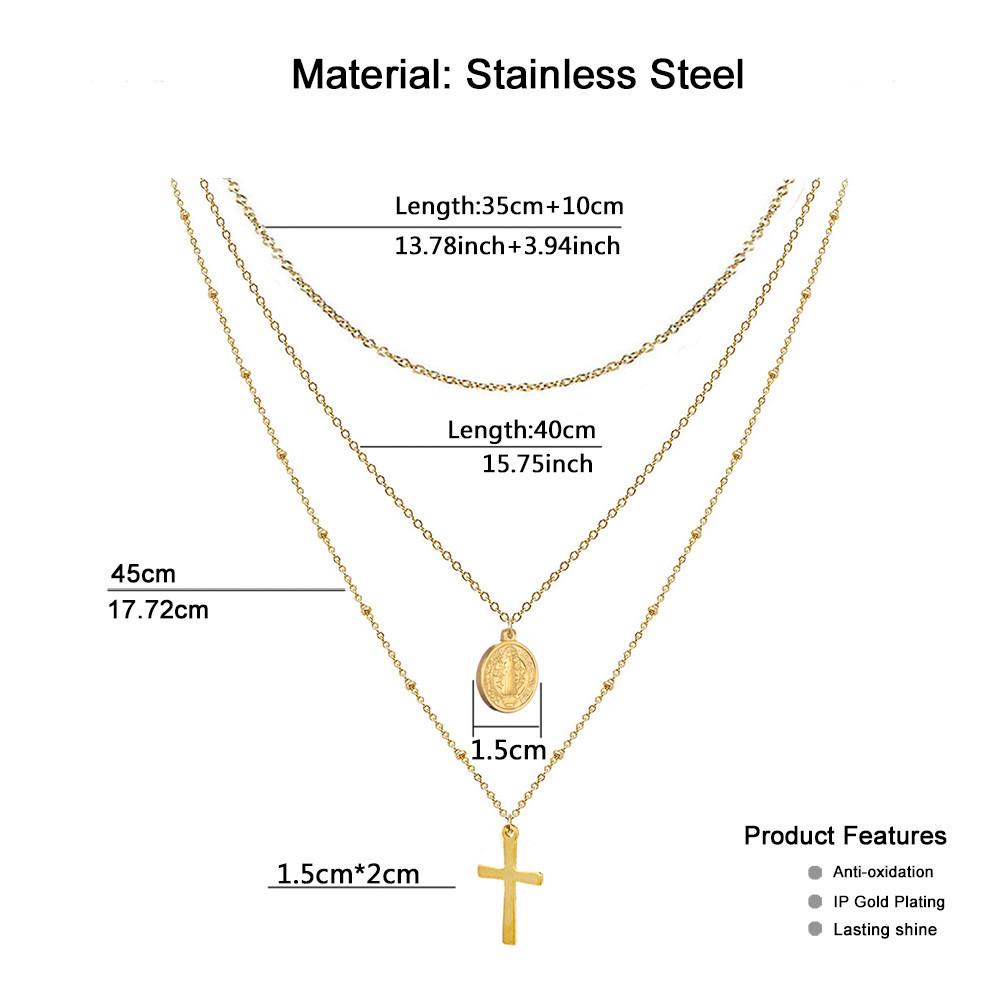 Stainless Steel Religious Cross Pendant Multi-Layer Necklace with Beads