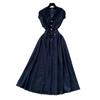 French retro V-neck metal buckle bright line waist temperament sleeveless dress women's summer thin elegant denim dress