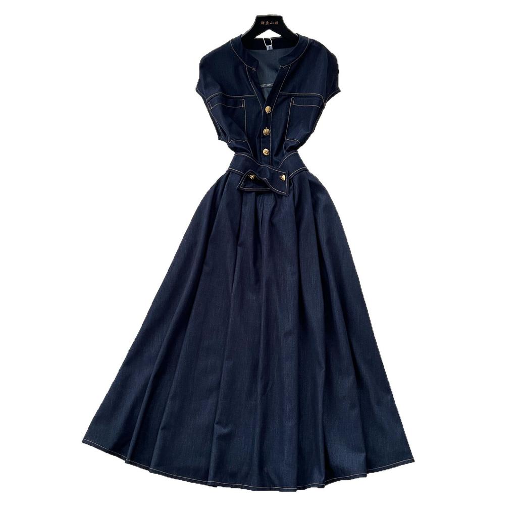 French retro V-neck metal buckle bright line waist temperament sleeveless dress women's summer thin elegant denim dress