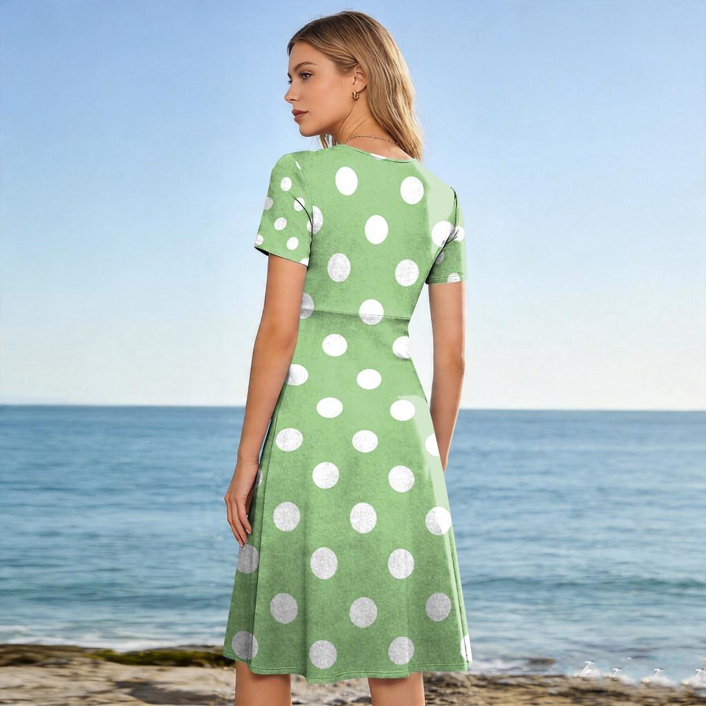 Women Casual Polka Dot Print V Neck Short Sleeve Midi Dress Loose Fit Summer Fashion Lightweight Dress for Daily Wear