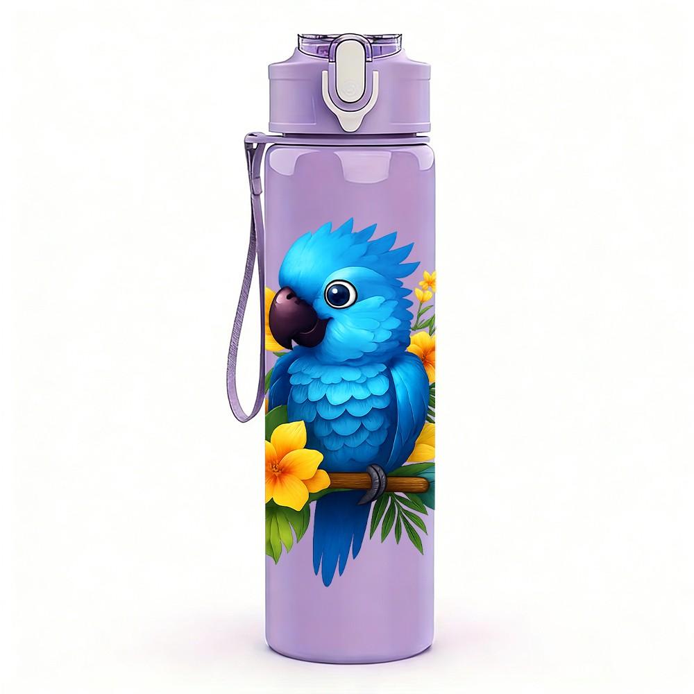 1PC Blue Parrot Flower 750ml Color Plastic Sports Water Bottle Leakproof Flip Straw Lid Suitable for Sports Office Home Use