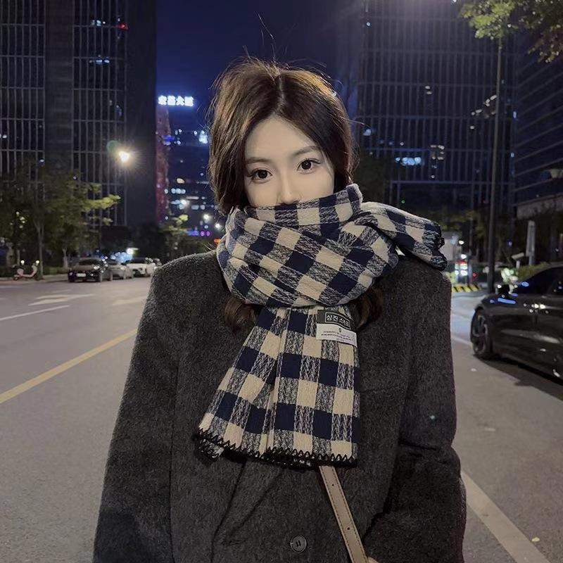 Couple Neck Warmer Korean-Style Double-Sided Large & Small Plaid Scarf Student Versatile Fleece-Like Cashmere Warm Shawl
