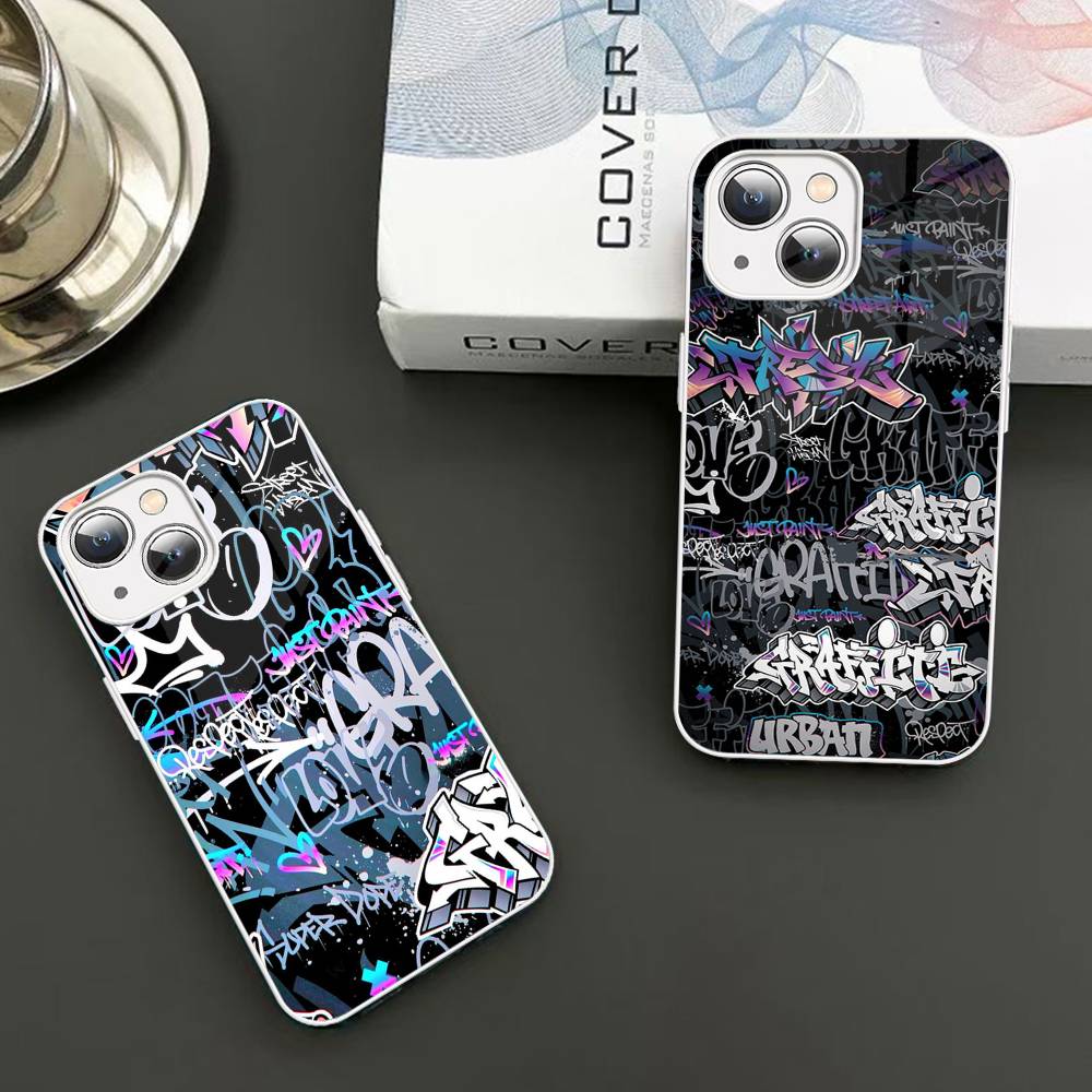 Cool Black Graffiti For iPhone 14 13 12 Mini 11 Pro XS Max X XR 14 Plus Tempered Glass Cover