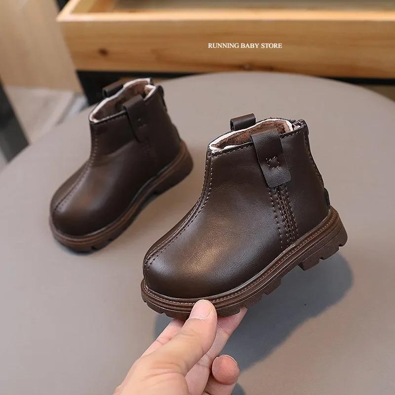 

New Trend Back Zipper chimney boots for toddler girl Cozy Velvet Newborn Baby Boy Short Boots Winter Birthday Party Shoes I07236 15 коричневый