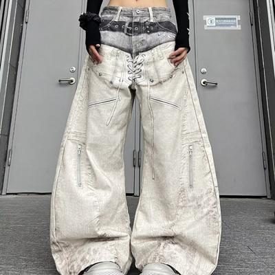 Womens Wide Leg Straight Cut Denim Pants Vintage Washed Loose Fit Casual Streetwear
