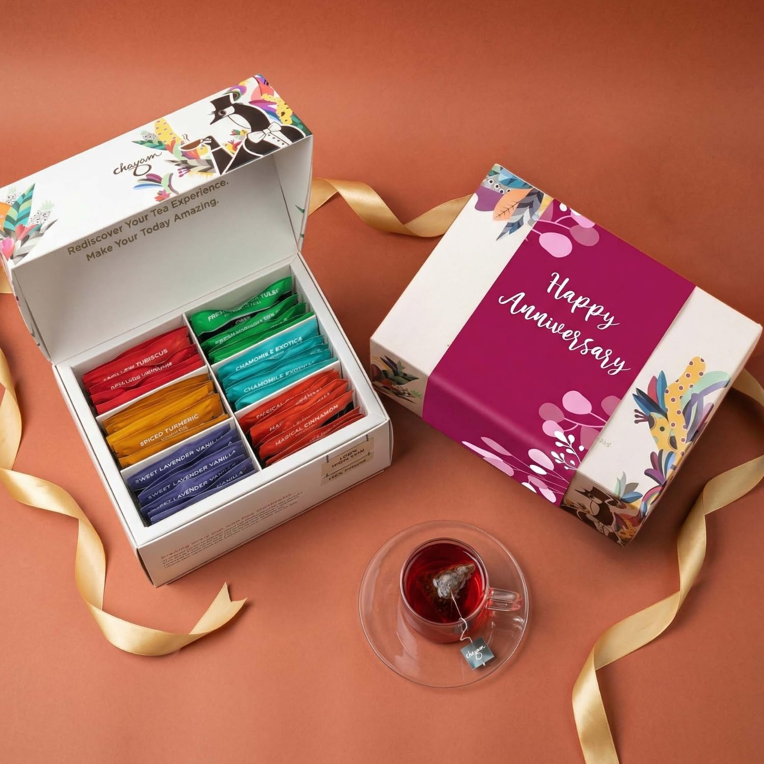

CHAYAM Happy Anniversary Green Tea Gift Box - 48 Tea Bags, 96g | Gift Set with 6 Flavours: Chamomile, Turmeric, Cinnamon, Tulsi Moringa, Hibiscus
