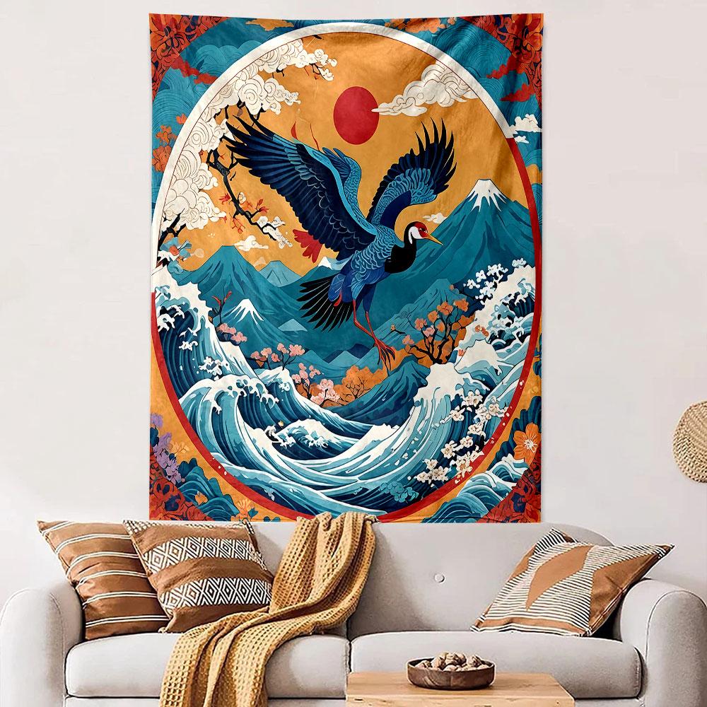 Japanese Crane and Mountain Landscape Patterned Tapestry Decorative Wall Hanging, Home Bedroom Living Room Decor
