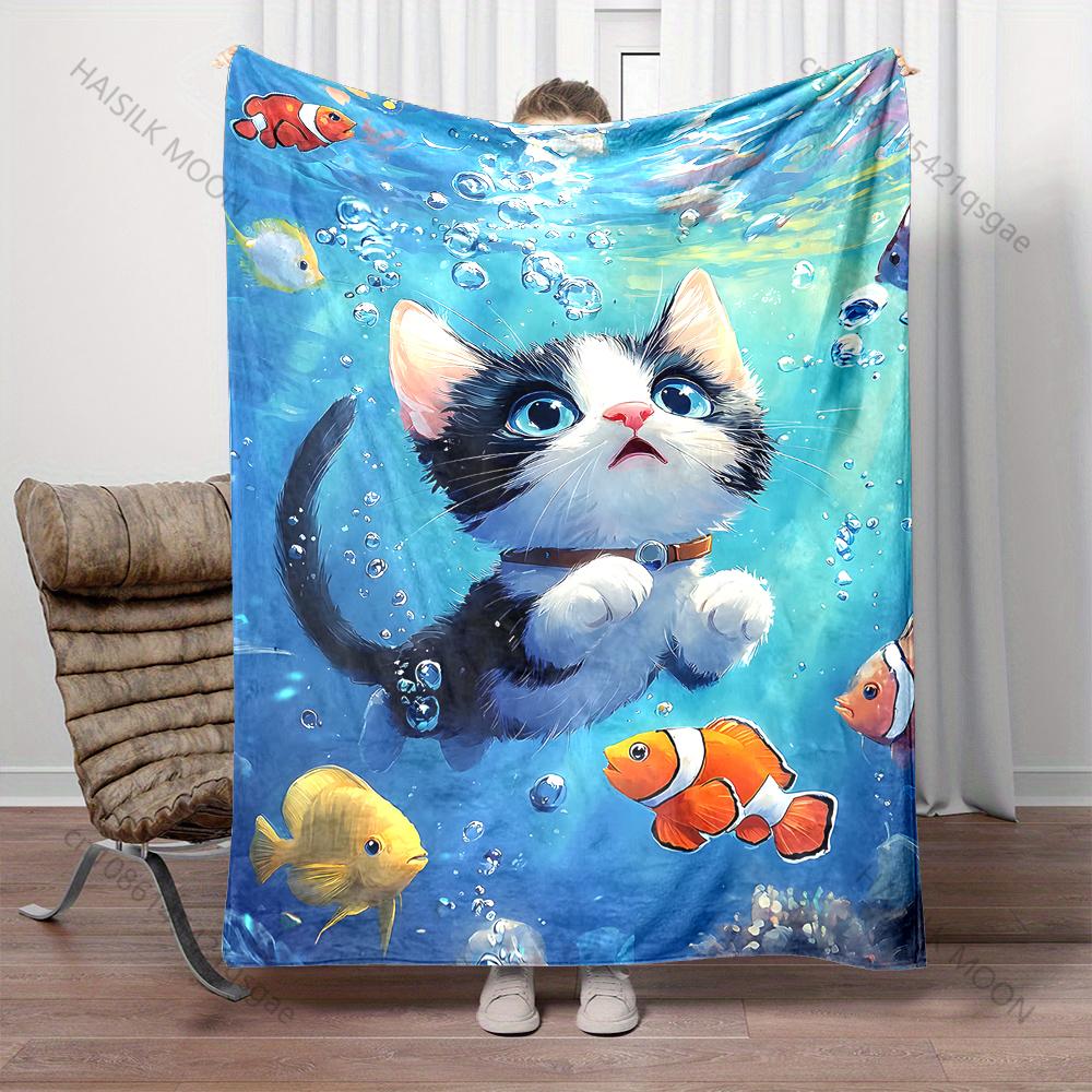 1PC Cat Swimming Underwater Print Adult Children Warm Blankets Home Travel Car Soft and Comfortable Suitable for All Seasons