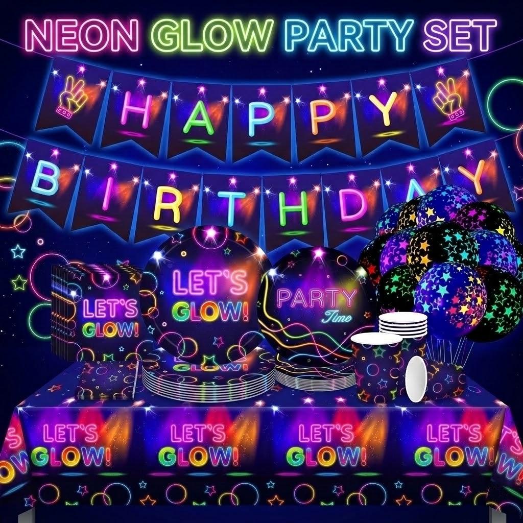 Glow In the Dark Party Supplies Neon Blacklight Tableware Set Happy Birthday Banner Balloons Neon Glow Party Retro Disco Decor