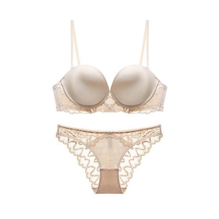 Elegant Lace Underwire Bra Set for Women - Seamless, Beautiful Back Design, Small Bust Enhancing, Soft Steel Ring Support.