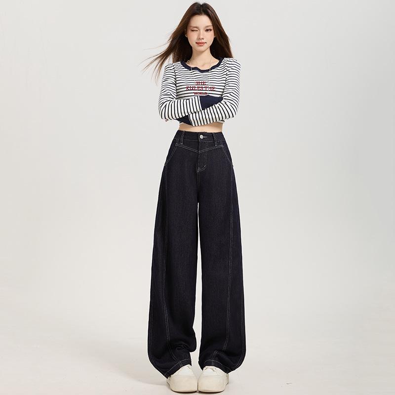 Women s 2026 American Retro High-Waisted Curved Leg Wide Jeans Large