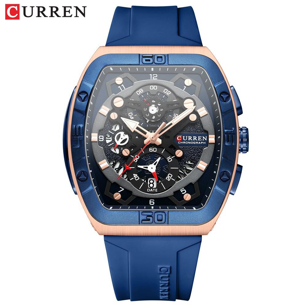 CURREN 8443 Wasserdichte Herren-Quarz-Multifunktionsuhr mit Sechs-Zeiger-Design und Tonnenform