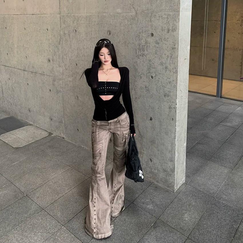 Y2k Punk Two Pieces Tops Irreugal Rivet Tops + Sleeveless Tank Streetwear Americal Retro 90s Black Tee Tops E-girls