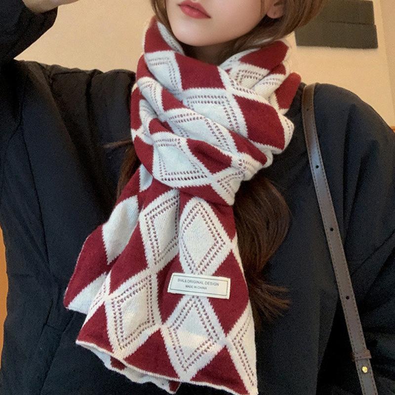 Unisex Acrylic Scarf | Red & White Diamond Pattern | Warm, Stretchy & Lightweight | Ideal for Cold Weather | Perfect for Casual Wear In Fall & Winter