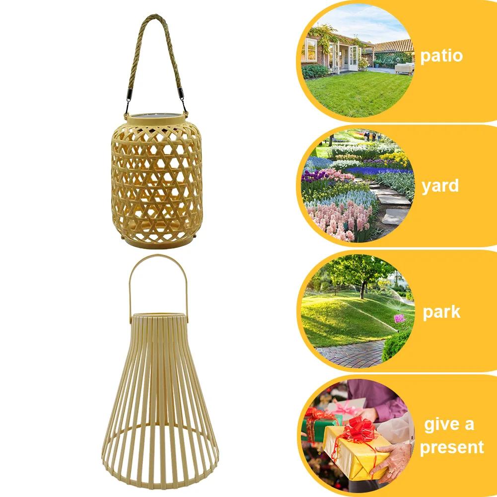 Outdoor Hanging Light with Handle Solar Rattan Lantern Waterproof Natural Bamboo Solar Outdoor Light for Yard Patio Lawn Pathway