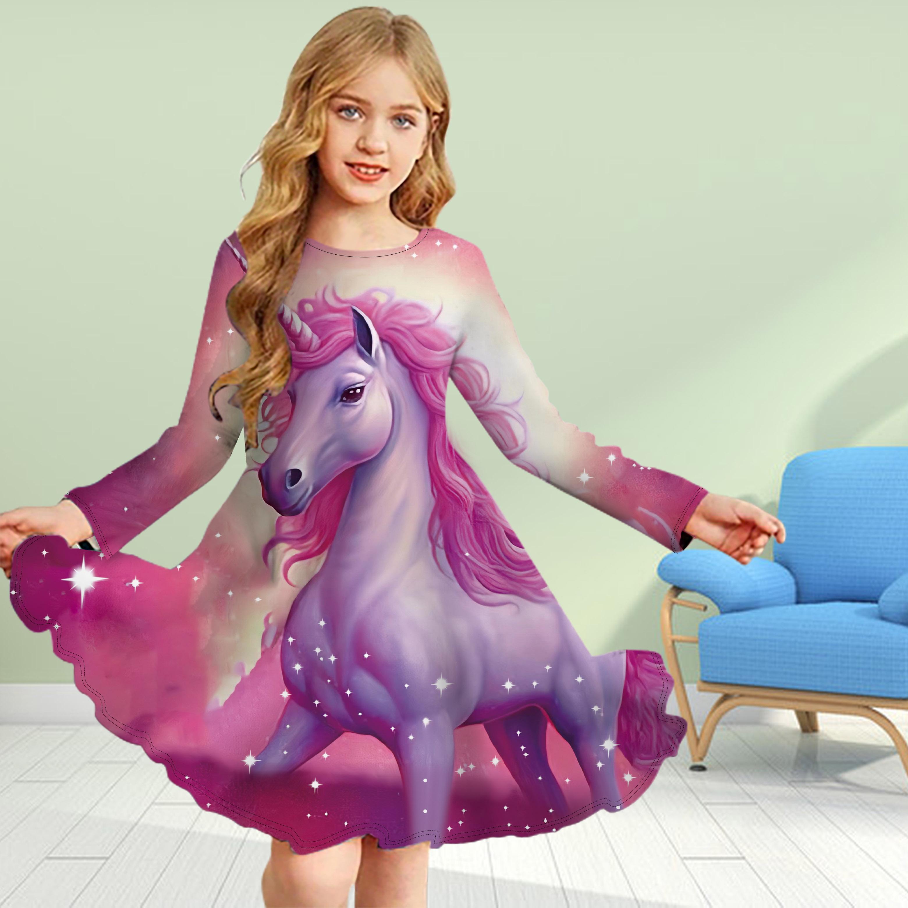 

Повседневное платье для девочек с 3D-принтом и зеленым единорогом, круглым вырезом и длинными рукавами, детское платье принцессы 180 розовый