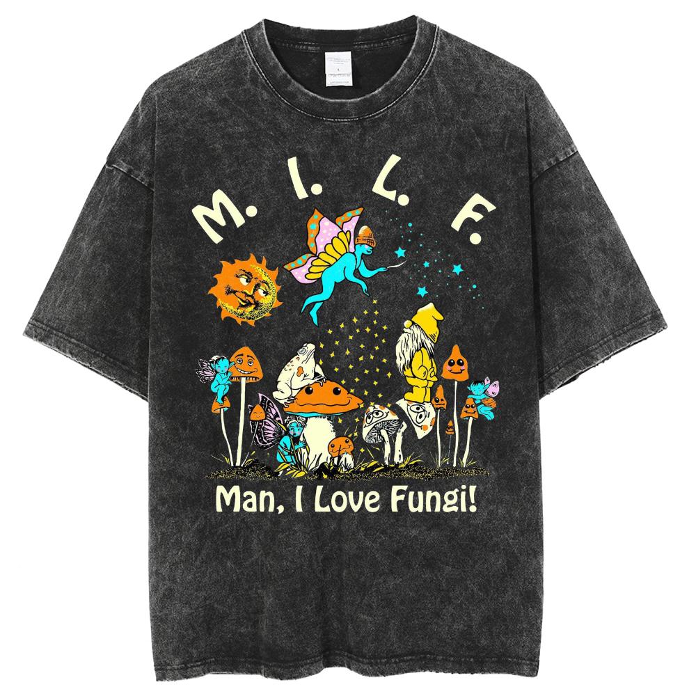 Fungal Plant Print Women's Wash T-Shirt Loose Couple Oversized Short Sleeve Spoof Design Fashion Top Summer