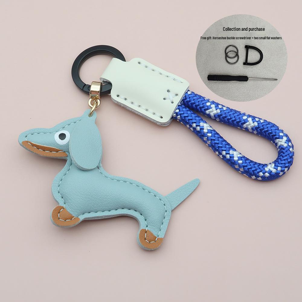 Mini Dachshund Cowhide Keychain: High-Quality Anti-Lost Lanyard with Cute Doll Pendant