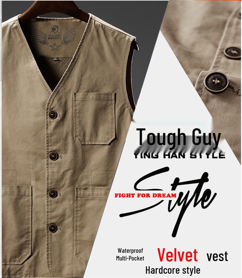 Men's Plus Size Cotton V-Neck Fishing Vest – Middle-Aged & Elderly Casual Sleeveless Jacket