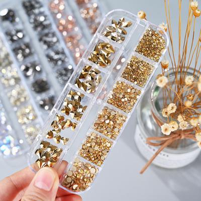 12 Gitter/Box, Kristall-Strasssteine für Nagelkunst, gemischte Größen, flache Rückseite, Nagelsteine, Edelsteine, luxuriöse 3D-DIY-Charms für Nagelkunst-Dekorationen