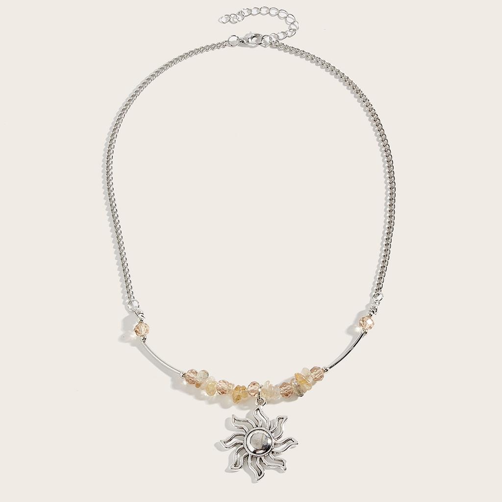 Bohemian Natural Stone Gravel Beaded Neck Chain Niche Temperament Sun Pendant Necklace
