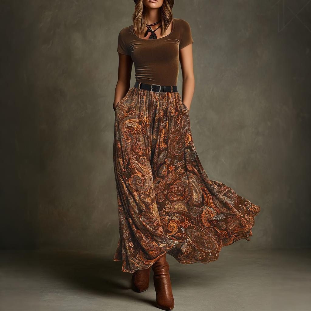 Women Vintage Velvet Patchwork Elegant Style Belted Waist Flared Long Dress Maxi Dress with Belt Casual Boho Style