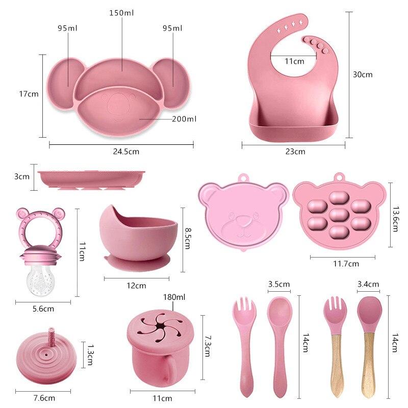 Momcbebe Baby Feeding Set 10-Piece Silicone Suction Bowl Sippy Cup Bib Spoon Fork BPA Free Soft Durable Easy Clean Pink