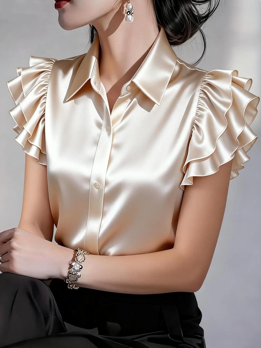Bestseller Summer New Satin Ruffled Short Sleeve Blouse Women s Clothing S абрикосовый