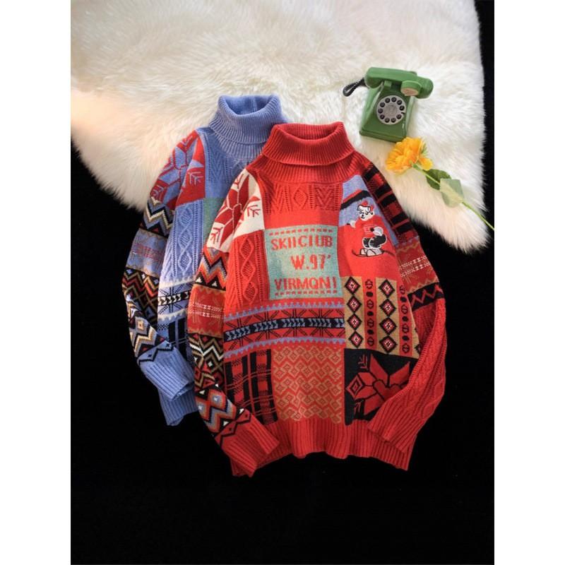 Unisex Vintage High Neck Knit Sweater Loose Fit Retro Pullover Winter Daily Wear