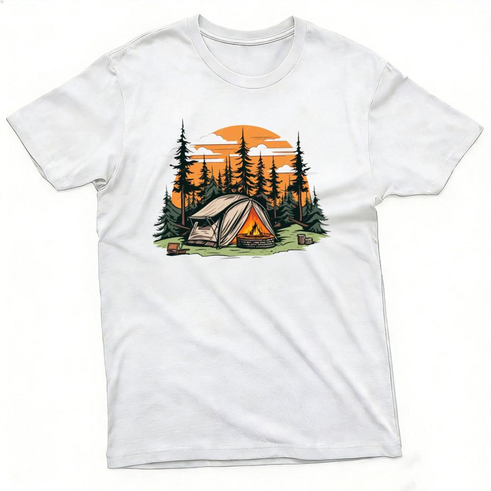 Sunset Forest Camp Tent Bonfire Graphic Tee Unisex Cool Outdoor Lifestyle T Shirt Relaxing Nature Vacation Clothes Tops