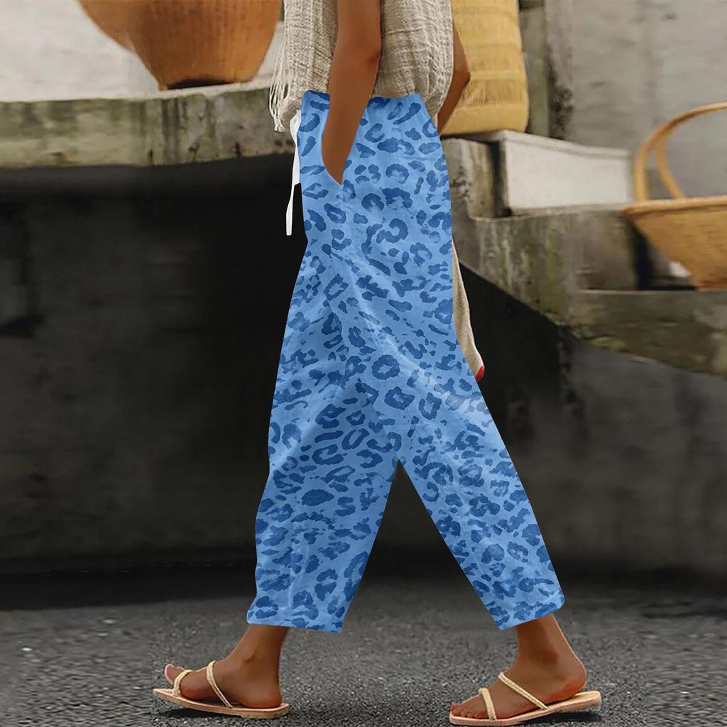 Women's Leopard Print Casual Pants with Elastic Waistband and Side Pockets