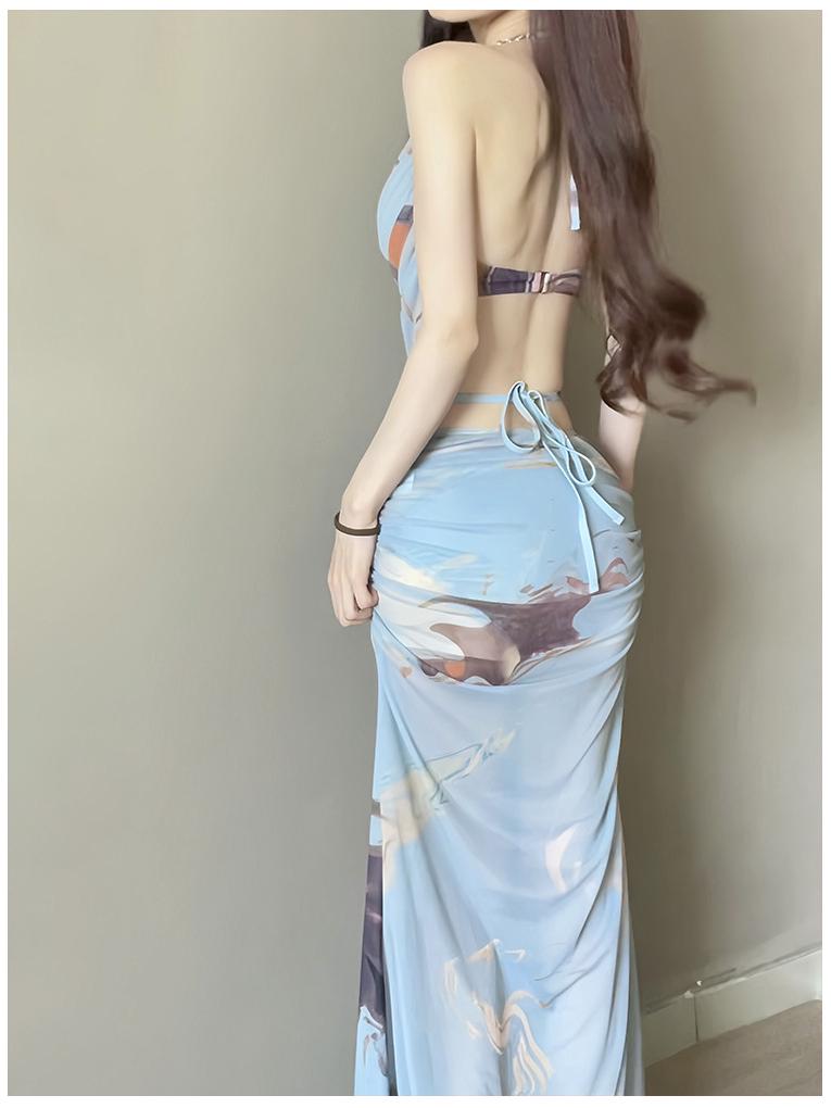 2024 Women's Three-Piece Bikini Set with Long Skirt - Sexy Gathered Swimwear for Seaside Vacations