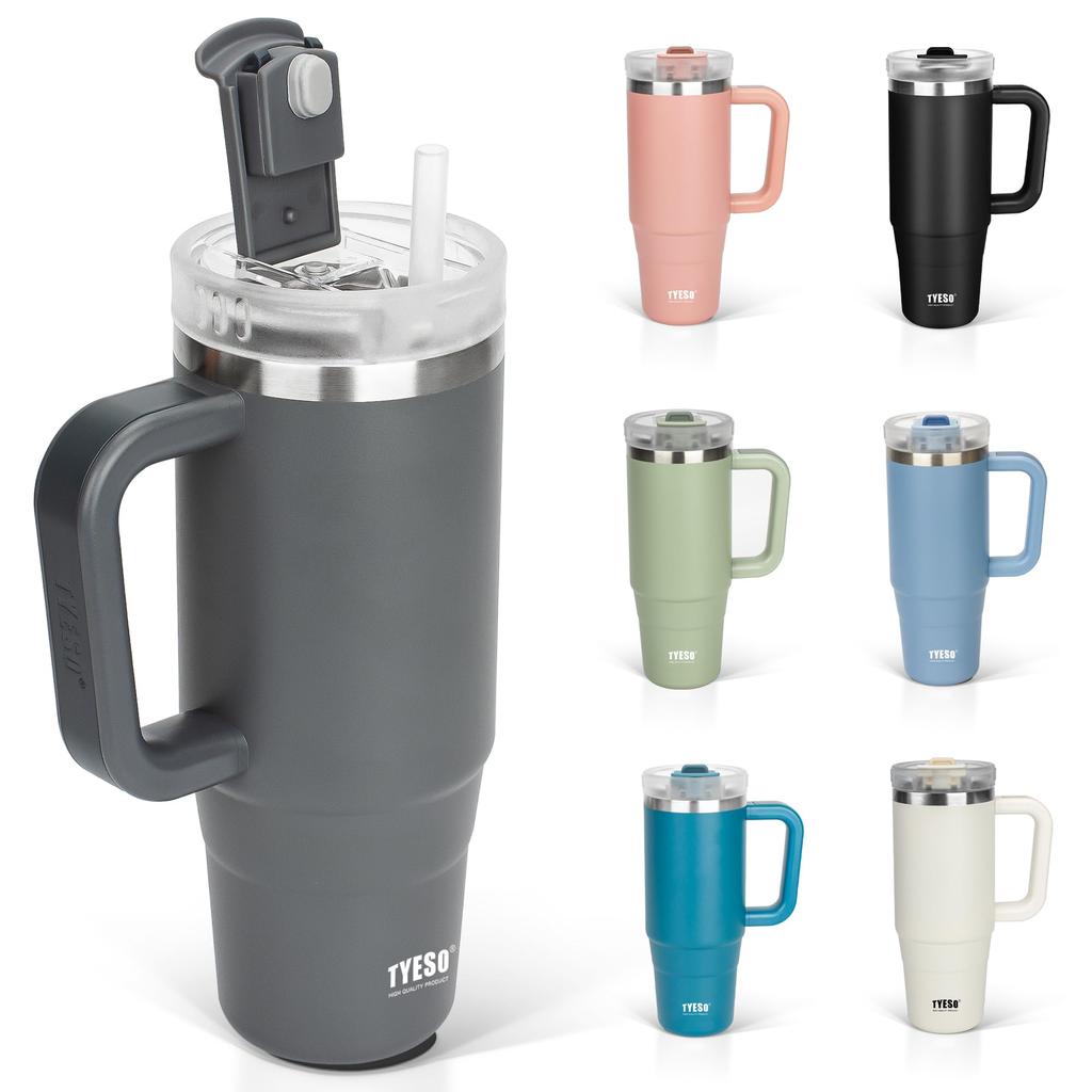 TYESO Stainless Steel Tumbler with Straw and Vacuum Double Wide Large Direct Suitable for Girls and Gray 1.2L Handle, Insulated, Walled, Mouth,