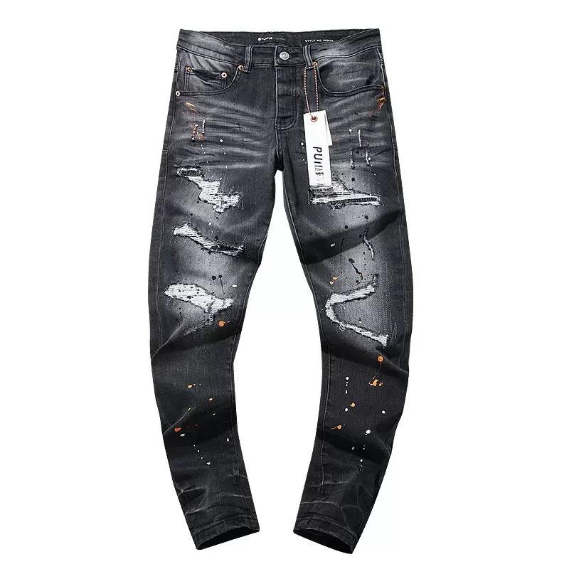 BeatStreet New Jeans גברים טרנד אופנה שטיפה רטרו הדפסת גרפיטי תיקון מותן נמוך מתיחה סקיני כפתור קפלים קרועים מכנסי ג'ינס