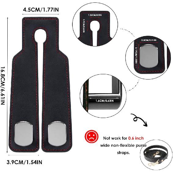Purse Hook For Car, Thickened Leather Sturdy Metal Purse Holder For Car - Car Headrest Hangers, Bag Hooks For Car (Black - 2 Pack)