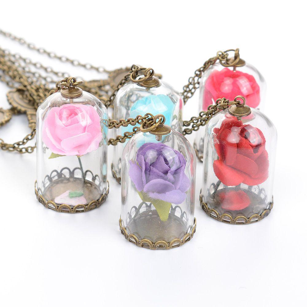 The Little Prince Rose Glass Bottle Necklace With Alloy Pendant And Leather Chain For Women