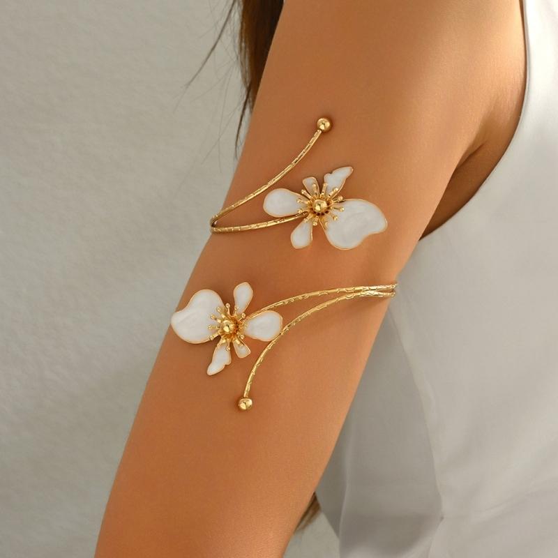 Openwork Upper Arm Cuff with Two Irregular Flowers, Intersecting Gold-Tone Bands, Rounded Ball Ends, and Clasp-Free Wear
