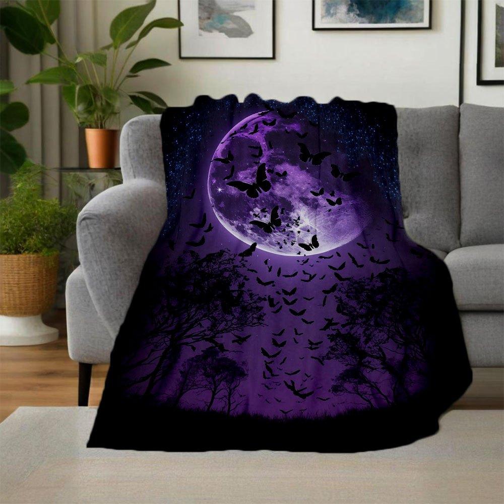 Purple Moon Butterfly Wall Art Print Poster DecorBlanket Flannel Throw Blanket for Sofa, Bed, Travel, Camping, Office