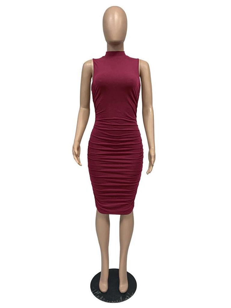 Xiaoyuan Women's Solid Color Sleeveless Bodycon Ruched Dress - Spring/Summer Collection